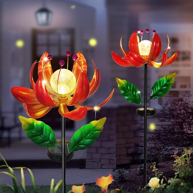 Solar Lights Outdoor Wind Spinners, Metal Lotus Flower Garden Decor with Waterproof LED Crackle Glass Globe for Patio Lawn Yard Outdoor Decor-VerdiqueGarden