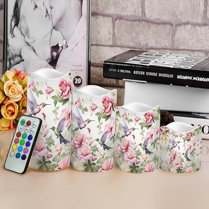 Ystardream Hummingbird Flower Flameless Candles with Remote Battery Operated Candles Elegant Realistic LED Candles with Remote and Timer Set of 4 for Valentines Home Wedding Birthdays-VerdiqueGarden