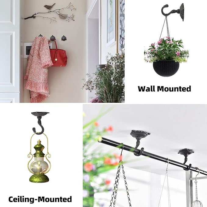 Sungmor Heavy Duty Ceiling Hooks for Hanging Plants, 2PC Black 3.5x3.9Inch Large Cast Iron Ceiling Hooks, Antique Decorative Ceiling Swag Hooks for Hanging Planter Chandelier Wind Chime Lantern Hanger-VerdiqueGarden