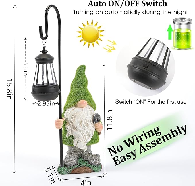 Flocked Garden Gnome Statue, Large Outdoor Gnome with Solar Lights, Funny Garden Figurines for Outdoor Home Yard Decor (15.8 Inch Tall)-VerdiqueGarden