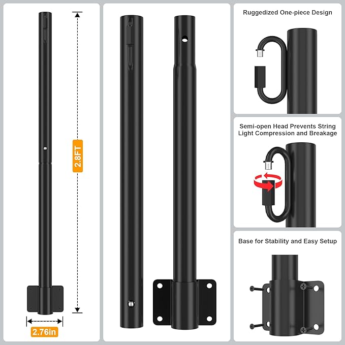 Suchtale 2 Pack 2.8 FT String Light Poles, Suspension Outdoor Fence Post Lights with Clip and Bracket, Outside String Lights Hanging, Wall Mounting Stand for Patio Garden Backyard Wedding Party, Black-VerdiqueGarden