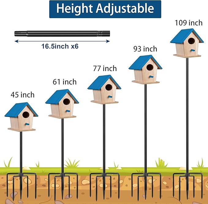 Ottsuls Bird Feeder Pole, 109 Inch Heavy Duty Bird House Pole Kit for Outdoors, with 5-Prong Base Feeding Station for Wild Birds Watching, Adjustable Feeder Stand (House Not Included)-VerdiqueGarden