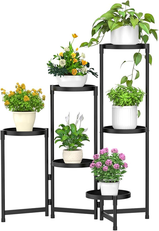 MOKANI Metal Plant Stand Indoor Outdoor for Multiple Plants, 6 Tiered Folding Corner Shelf Tall Flower Pot Holder Display Rack for Patio Living Room Balcony Garden, Black-VerdiqueGarden