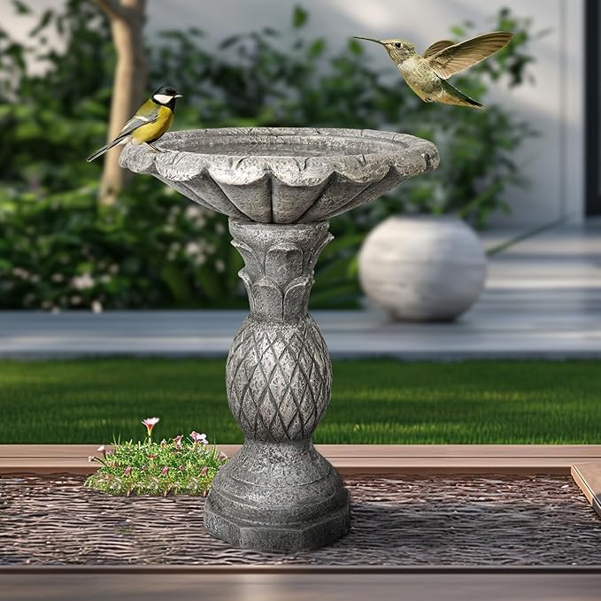 SKYFIRE 24.8" H Cement Modern Outdoor Bird Bath - Fibre Reinforced Concrete Bird Baths for Garden, Large Size Elegant Carved Garden Birdbaths with Pedestal for Patio, Backyard, Lawn Decor-VerdiqueGarden