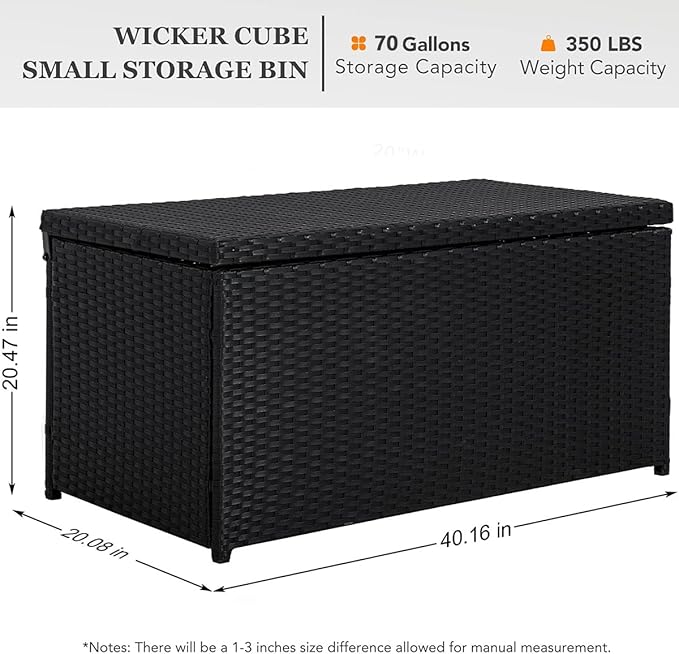 Outdoor 70 Gallon Wicker Storage Box with Waterproof Liner, Patio PE Rattan Storage Container for Outside, Deck Box with Hinged Lid for Cushions, Pillows, Towels, Horizontal Bin, Black-VerdiqueGarden