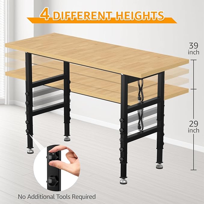 60" Adjustable Workbench,Heavy-Duty Work Table,3000 LBS Load Capacity Particleboard Hardwood Workstation Outlets with Power Strips and Fixed feet,for Workshop, Garage-VerdiqueGarden