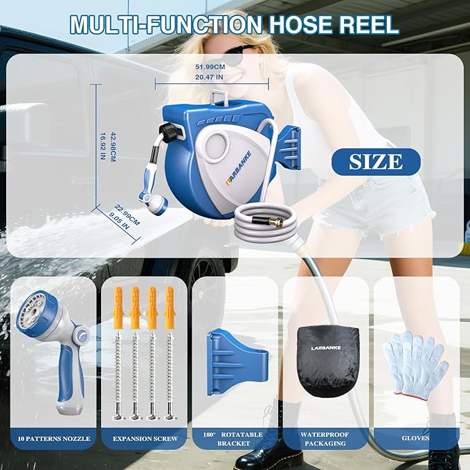 1/2 in × 100 ft Garden Hose Reel,Wall-Mounted Hose Reel with Bottom Drain,180° Rotating Bracket,with 10-Function Sprayer Nozzle,Lockable at Any Length,Equipped with Waterproof Bag(Blue)-VerdiqueGarden