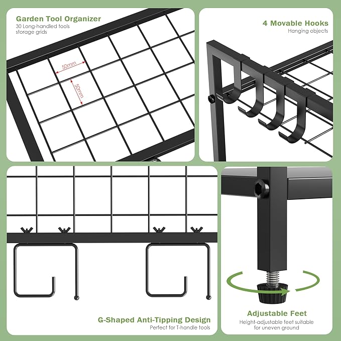 Garden Tool Organizer Rack for Garage, Yard Tool Tower Rack Organizer, Tools Stand Storage with Hooks Black Metal Garden Tools Holder for Yard Shed Garage Organization-VerdiqueGarden