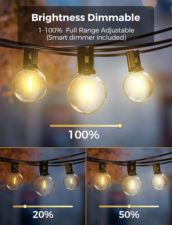 XMCOSY+ Outdoor String Lights, Smart Patio Lights 100Ft Dimmable Outdoor Lights Warm White, 50 G40 LED Bulbs, WiFi String Lights for Outside, Work with Alexa, APP Control, Waterproof Extendable-VerdiqueGarden