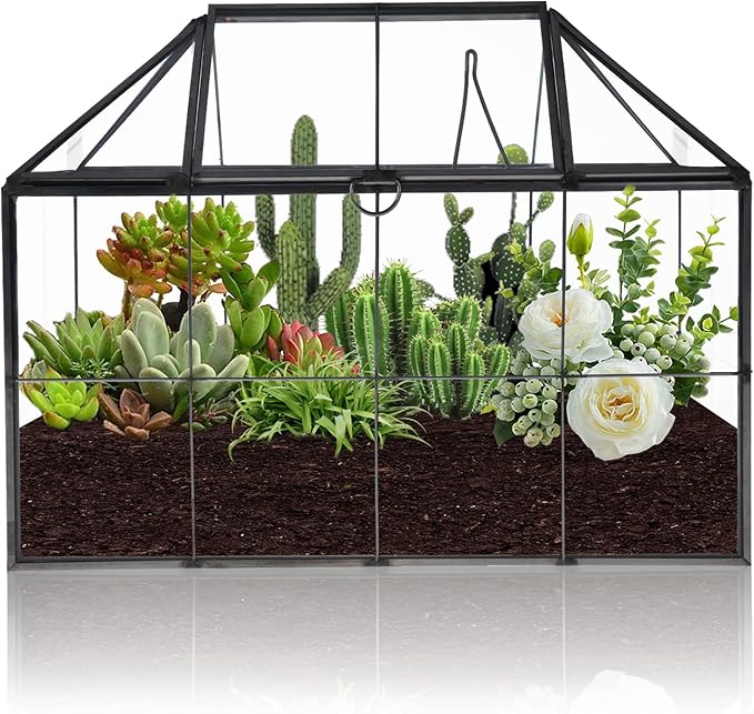 HighFree Geometric Terrarium Planter with Swing Lid, House Shape Black Handmade Glass Box, Vintage Tabletop Miniature Terrarium, for Succulent, Cacti, Air Plants (Not Watertight - 9.2x5.5x7.3 inch)-VerdiqueGarden