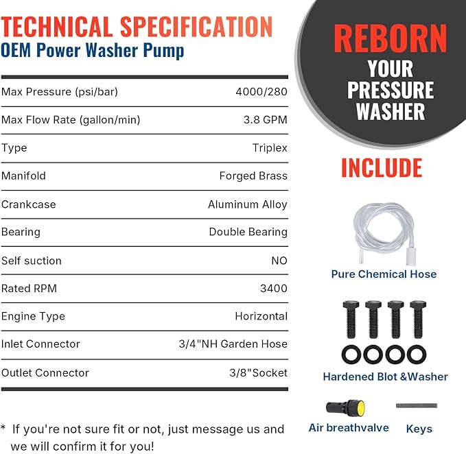 YAMATIC Horizontal Triplex Plunger Pressure Washer Pump 1" Shaft 4000 PSI 3.8 GPM, Replacement for Simpson AAA 90034, 90039,90038, Honda GX340, GX390, GX270 for Industrial Gas Powered Washers-VerdiqueGarden