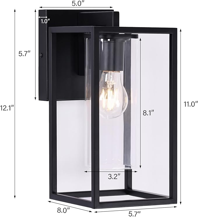 Pia Ricco Outdoor Wall Lights, Black Outdoor Wall Lantern with Square Clear Glass Shade, Waterproof Exterior Lighting Fixtures, Modern Front Porch Lighting for House, Garage, E26 Base, ETL Listed-VerdiqueGarden