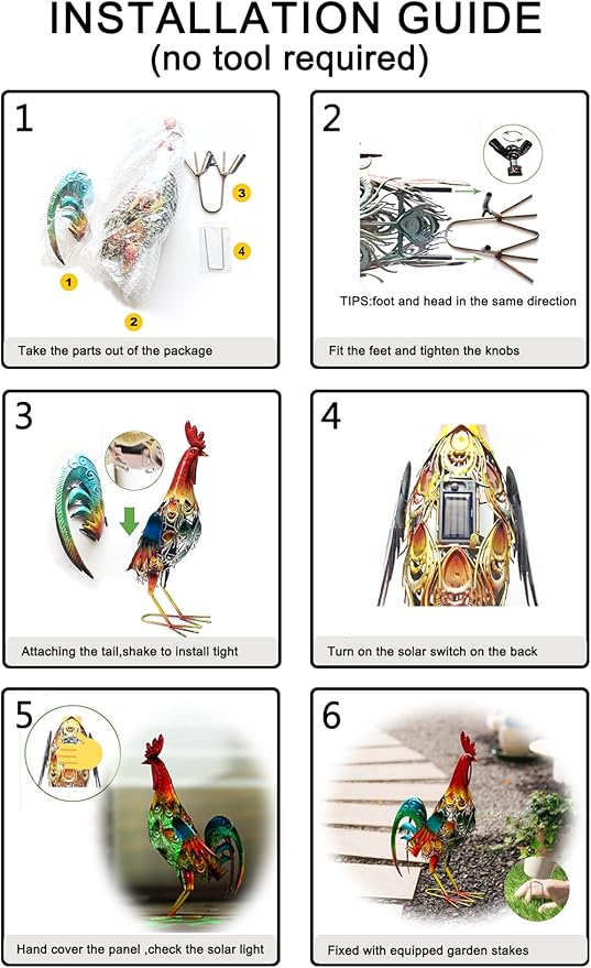 19 Inch Solar Rooster Statue Lights, Metal Yard Art Solar Rooster, Large Rooster Statue Colorful Lights for Garden Lawn Outdoor Decoration Gifts.-VerdiqueGarden