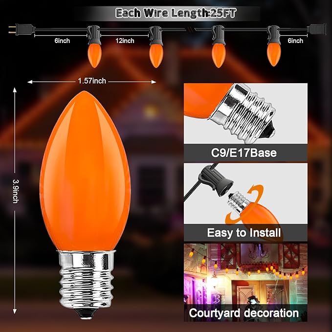 25FT LED Halloween Outdoor String Lights with 26 C9 Candle Shape Shatterproof Plastic Bulbs,2700K Waterproof Connectable Orange LED String Lights for Home Garden Halloween Christmas Fall Decor-VerdiqueGarden