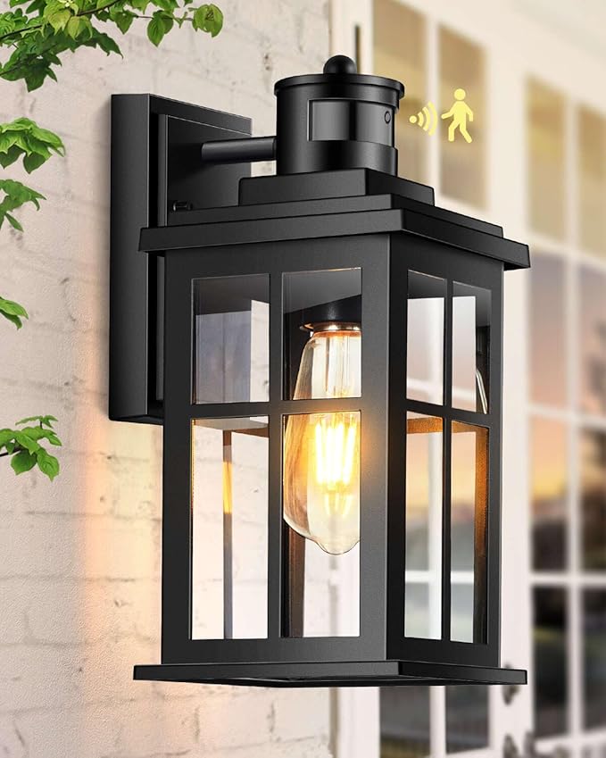 Motion Sensor Outdoor Light, Black Porch Light Dusk to Dawn, Waterproof Outdoor Motion Sensor Light, Anti-Rust Outside Lights for House, Garage, Doorway, Porch, 100% Aluminum-VerdiqueGarden