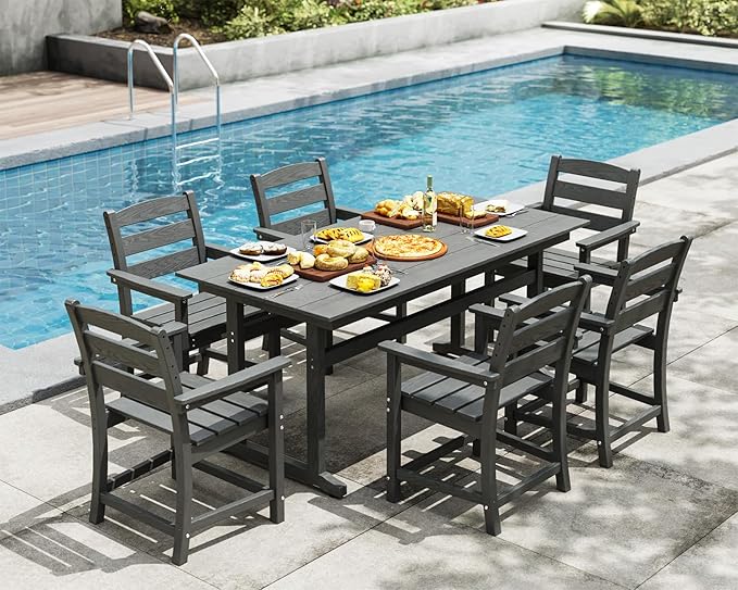 7pcs Outdoor Dining Set, HDPE Patio Dining Set for 6, All-Weather Outdoor Table and Chairs with Umbrella Hole & Adjustable Pads, Modern Patio Furniture Set for Backyard, Poolside &Lawn (Grey)-VerdiqueGarden