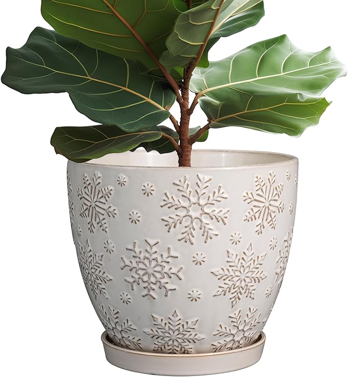 10 Inch Ceramic Planter Pot Large Plant Pot for Indoor Plants Outdoor Round Flower Pot with Drainage Hole and Saucer for Home Garden Decor White-VerdiqueGarden