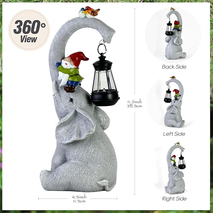 Elephant Statues Garden Decor - Lucky Elephant Outdoor Statues with Solar Powered Lantern, Elephant Statue Gifts for Women,Resin Yard Art for Outdoor & Home Decor(11" Elephant)-VerdiqueGarden