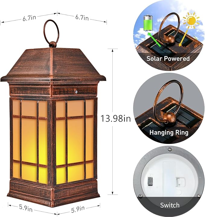 14" Solar Lantern Outdoor Waterproof, Glass Flickering Flame Solar Lanterns, Hanging Metal Lantern Decorative for Patio Front Porch Garden Backyard Tabletop Party Decoration-VerdiqueGarden
