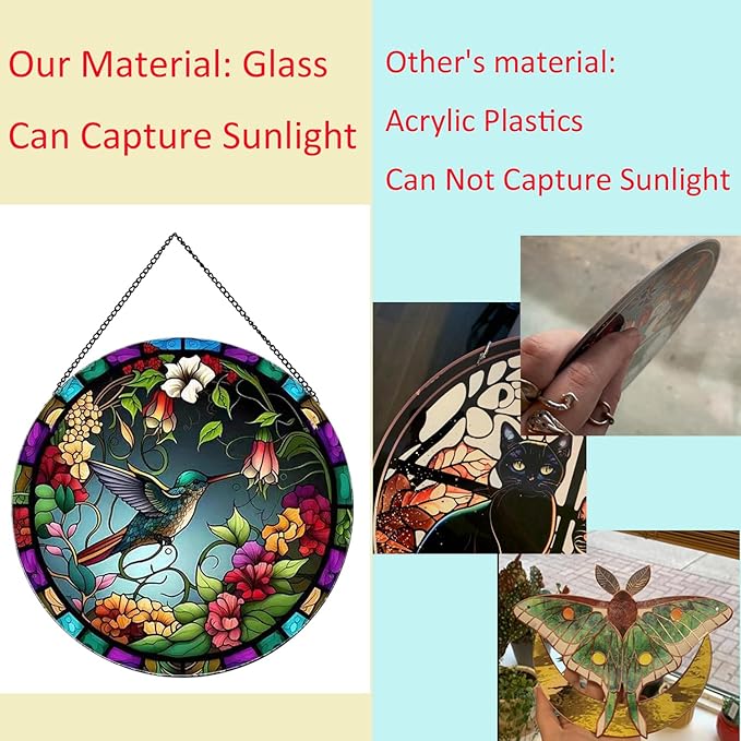 Hummingbirds and Flowers Pattern Suncatcher Stained Glass,Hanging Stained Glass for Windows,20cm/7.87inch Hand-Painted Sun Catcher Garden Hangings Painted Glass Panel Decor Themed Gift-VerdiqueGarden