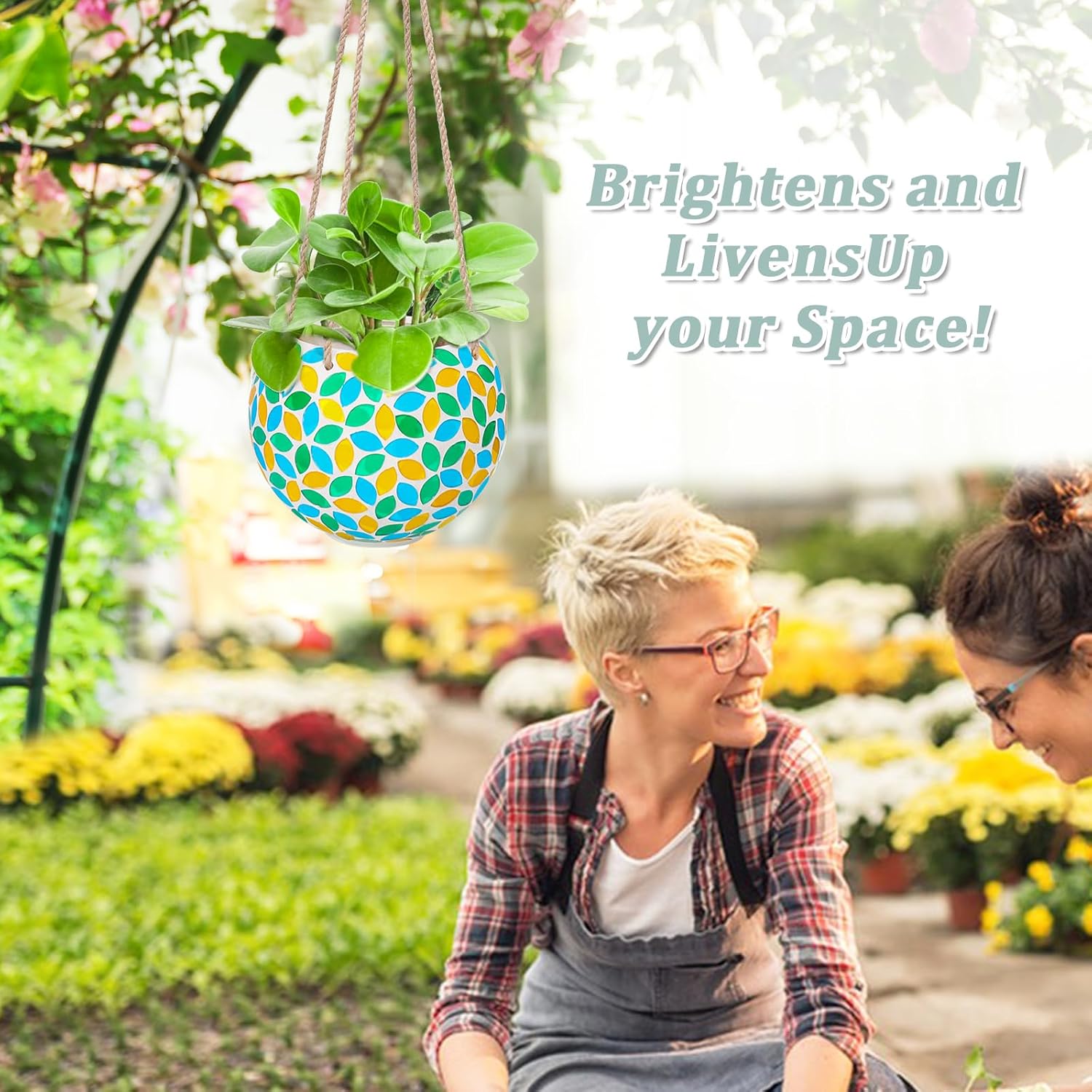 Hanging Planter Mosaic Garden Pot Small Flower Pot for Indoor Plant Disco Ball Hanging Planter with Drainage Green Yellow-VerdiqueGarden