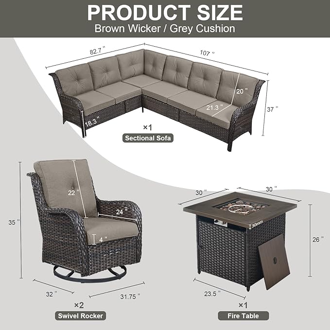 Outdoor Sectional Sofa Furniture Set with Propane Fire Pit Table, Wicker Patio Conversation Set with 2 Swivel Glider Rocker Chairs Grey Cushion Perfect for Backyard Casual Gathering-VerdiqueGarden