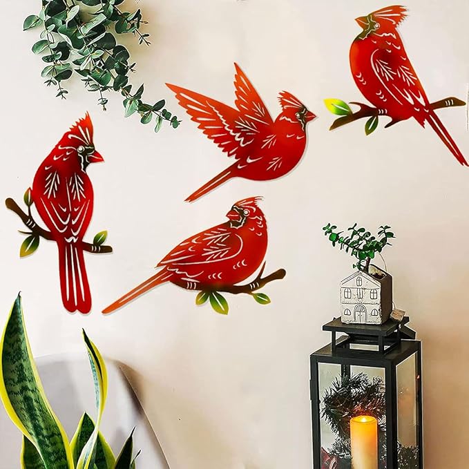 4 Pack Metal Cardinal Wall Art Decor Metal Birds 3D Outdoor Sculpture, Ornaments Hand-Made Nimble red Bird, Gifts for Mom,Birthday Gifts for Grandma Wife-VerdiqueGarden
