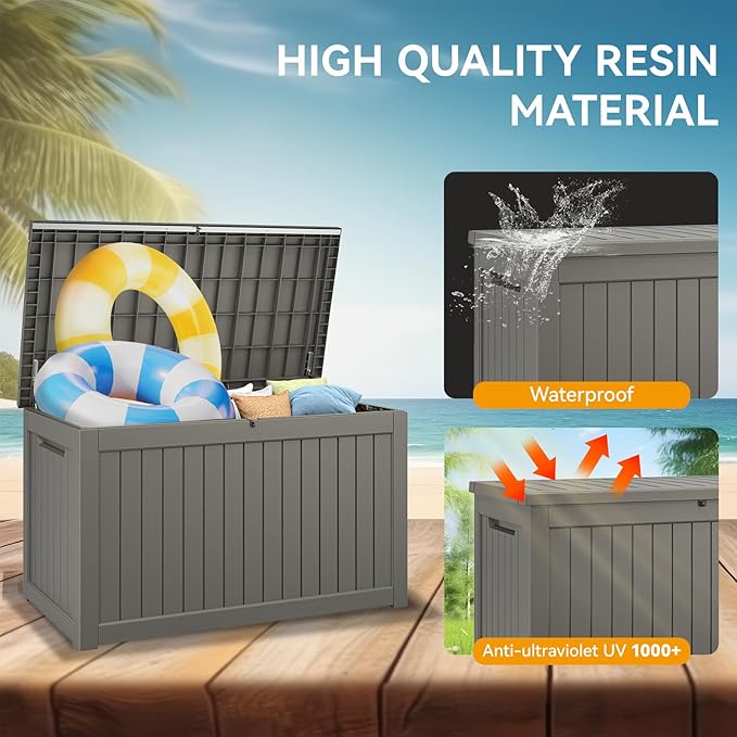 NUNU LAB 230 Gallon Large Resin Deck Box, Waterproof Outdoor Storage Box, Lockable Storage Bin for Patio Furniture, Garden Tools, Pool Accessories, UV-Resistant & All-Weather, Grey-VerdiqueGarden