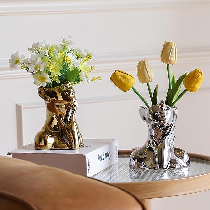 BrownLove Silver Ceramic Face Vase, Modern Silver Decorative Art Vase, Bookshelf Placed On The Desktop, Small Living Room, Office and Bedroom-VerdiqueGarden