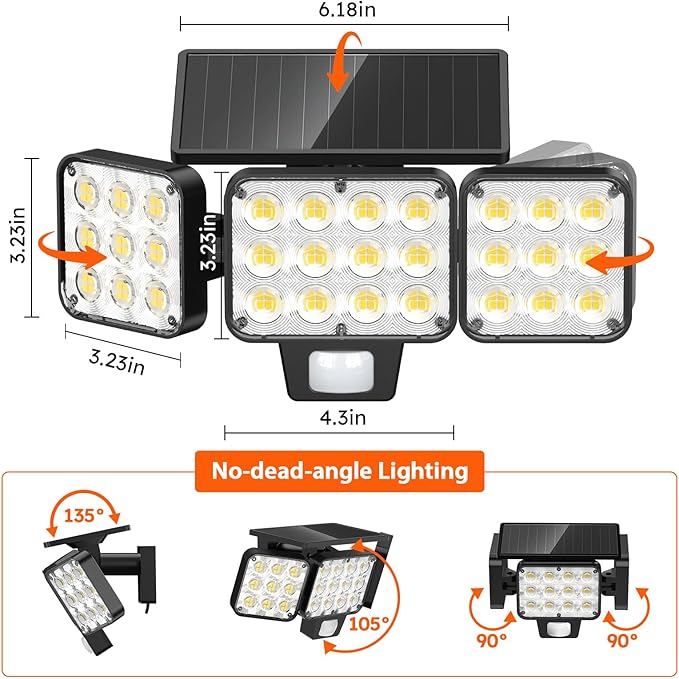 WdtPro 2025 Solar Lights Outdoor Flood Light, 3500LM Bright Motion Sensor Outdoor Lights, 3 Heads & Upgrade Glass Panel, LED Solar Powered Security Light Spotlights Waterproof for Outside Yard-2Pack-VerdiqueGarden