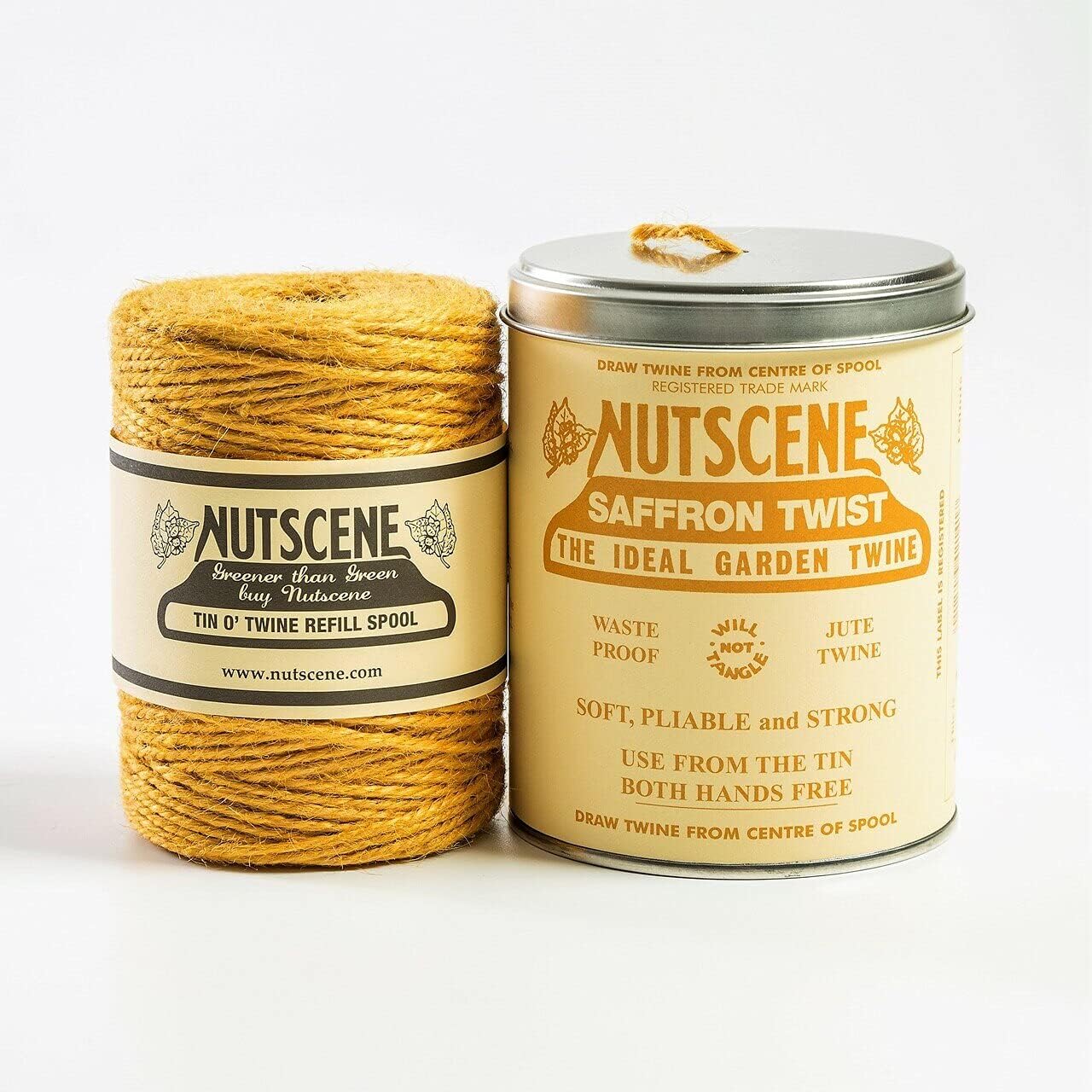 NUTSCENE Iconic Tin (Tin ‘O’ Twine) with Their Heritage Scottish Jute Twine and Hole in Top for Easy Dispensing. 14 Colors to Choose from. 164 Yards. (Saffron)-VerdiqueGarden