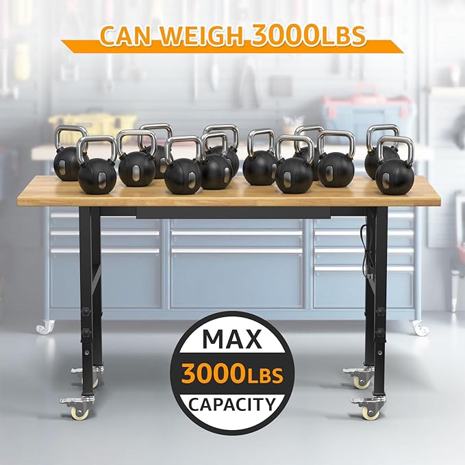 60" Adjustable Workbench,Heavy-Duty Work Table,3000 LBS Load Capacity Hardwood Workstation Outlets with Power Strips, Drawers and Wheels,for Workshop, Garage-VerdiqueGarden