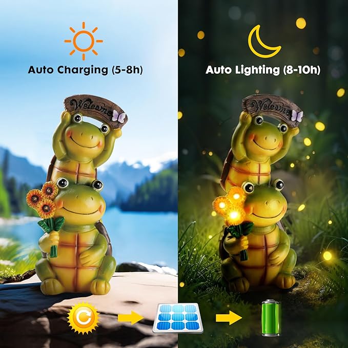 Garden Turtle Outdoor Statues, Solar Garden Statue Two Sweet Frog Face Turtles Decor with 3 LED Lights, Unique Art Resin Gifts for Patio Lawn Porch Yard-VerdiqueGarden