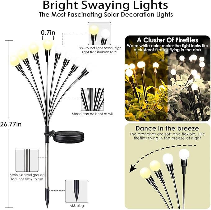 OZS Warm White ⇋ Cool White RGB Color Changing 6Pack 48LED Solar Garden Lights - Solar Lights Outdoor, Solar Firefly Lights, Sway by Wind, Fairy Lights Waterproof for Garden Patio Pathway Decoration-VerdiqueGarden