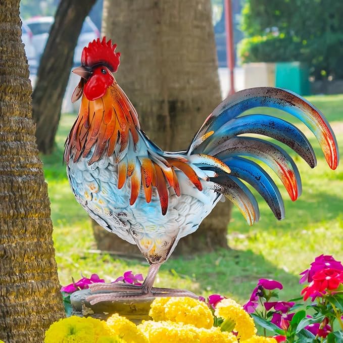 Metal Rooster Decor Garden Statue,Yard Chicken Decorations Outdoor Sculpture for Backyard Patio Kitchen Lawn Ornaments,Birthday for Women Mom-VerdiqueGarden