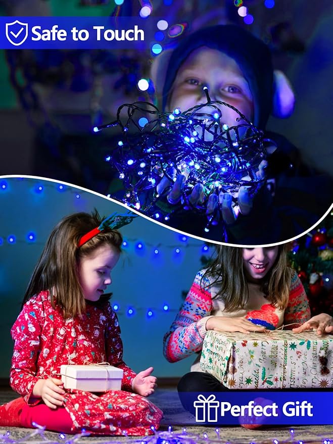 EEW 2-Pack 200 LED Solar String Lights Outdoor, Solar Christmas Lights with 8 Lighting Modes, Waterproof Green Wire Solar Tree Lights for Outside Xmas Wedding Party Garden Patio Decorations (Blue)-VerdiqueGarden