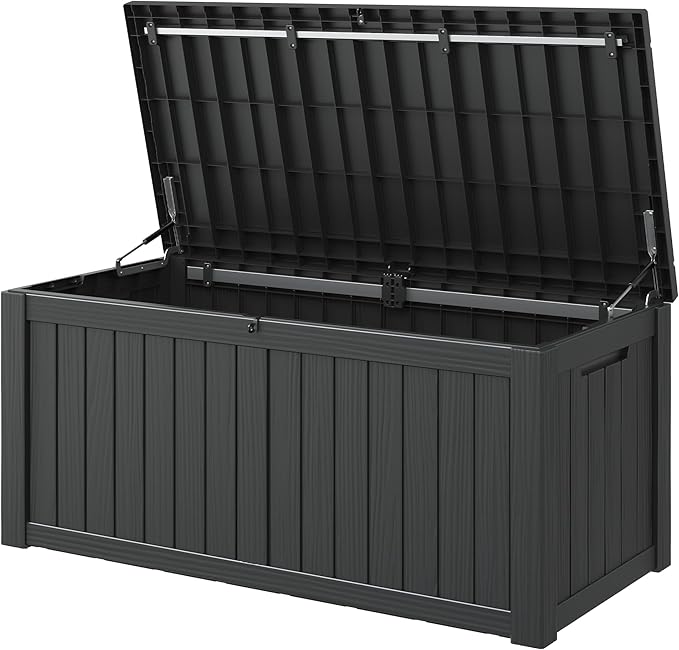 KAMABOKO Outdoor Storage Box, 120 Gallon Large Outdoor Resin Deck Box, Storage Waterproof Boxes Lockable Lid for Garden Tools, Pool Supplies, Patio Furniture and Cushions, Black-VerdiqueGarden