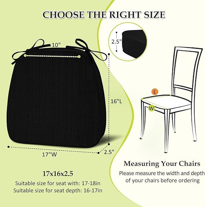 Chair Cushions for Dining Chairs, Indoor Chair Cushions with Ties，Waterproof Chair Pads Set of 4, Black, 17x16x2.5 Inch-VerdiqueGarden