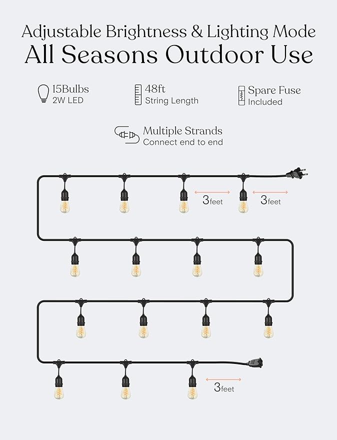 Brightech Ambience Pro - Waterproof LED Outdoor String Lights - 15 Bulbs, Dimmable 2W Vintage Spiral Edison Bulbs - 48 Ft Commercial Grade Patio Lights Cafe Ambience in Your Backyard-VerdiqueGarden