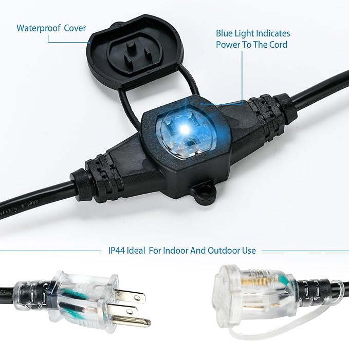 20FT 16 Gauge Multi-Outlet Extension Cord, 4 Evenly Spaced Weatherproof Outlets, Great for Stage Backdrops, Landscape Garden Lighting, Christmas Decorations ETL-VerdiqueGarden