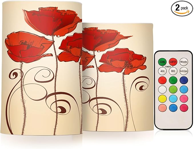 Flickering Flameless Candles, Red Poppy Flowers Retro LED Candles with Remote Timer, Set of 2 Battery Operated Candle for Valentine Wedding Birthday-VerdiqueGarden
