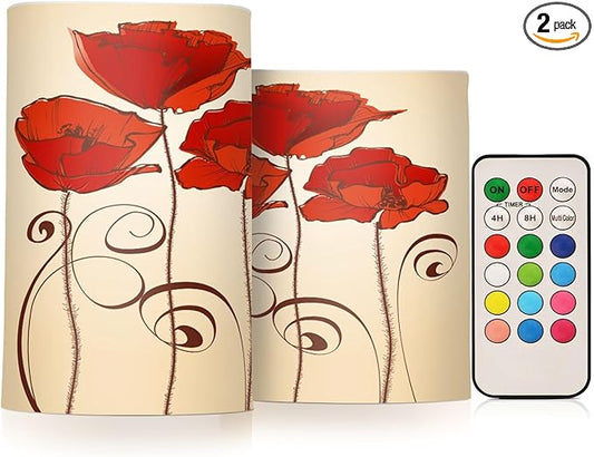 Flickering Flameless Candles, Red Poppy Flowers Retro LED Candles with Remote Timer, Set of 2 Battery Operated Candle for Valentine Wedding Birthday-VerdiqueGarden