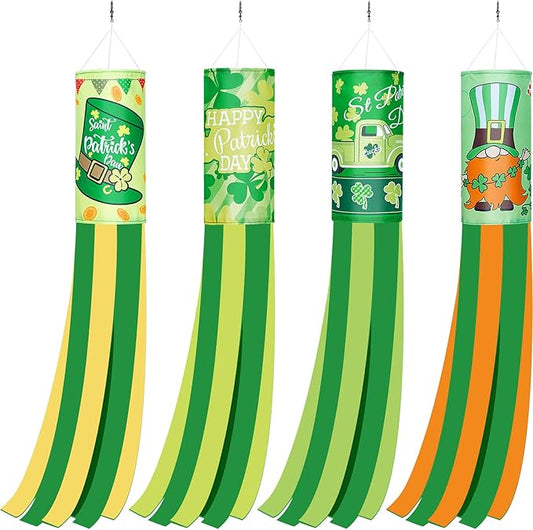 4 Pieces St. Patrick's Day Windsock Shamrock Windsock Flag Irish Green Truck Pattern Design Windsock Outdoor Hanging Decoration for St. Patrick's Day Backyard Garden Balcony Decor, 35 Inch-VerdiqueGarden