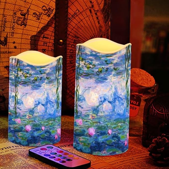 Ystardream Monet's Water Lily Flameless Candles with Timer Led Candles Flickering 4 Candle Sets for Home Decor,18 Key Remote Control，Dancing Flame, True Wax, Battery Powered.-VerdiqueGarden
