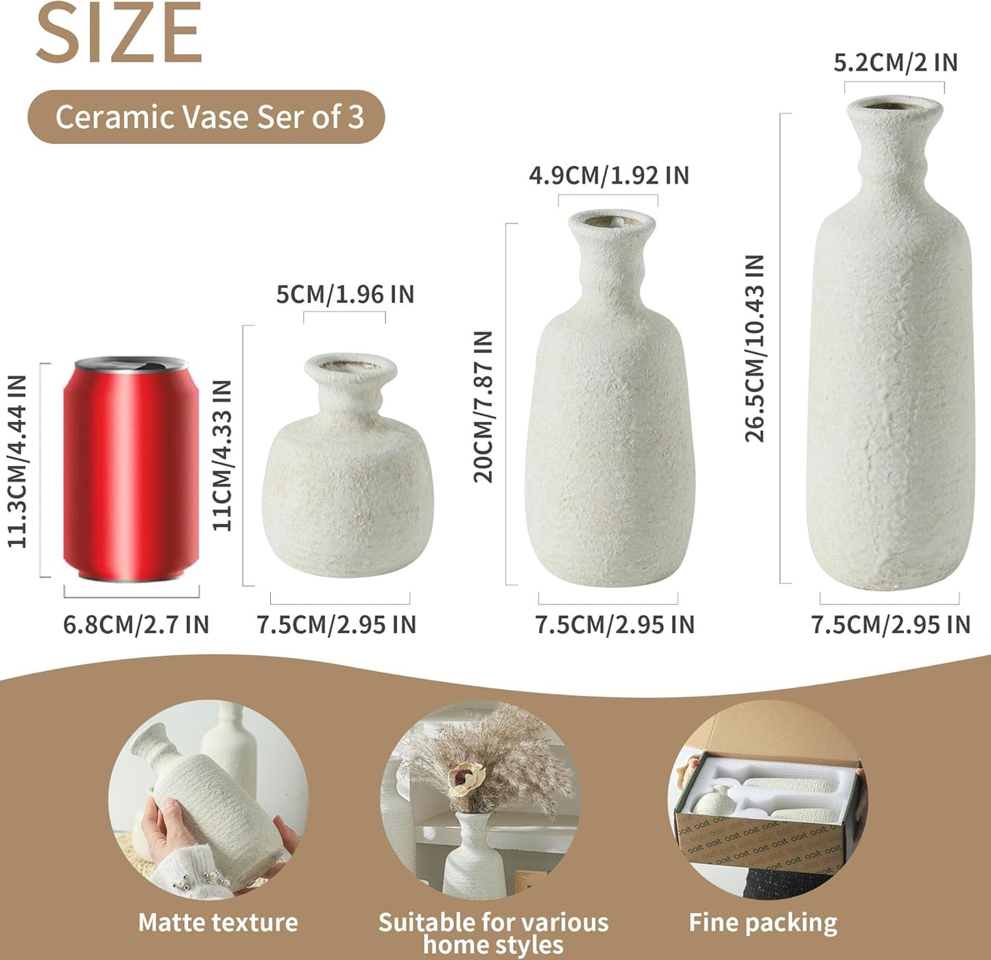 Ceramic Vase Set of 3, Neutral Rustic Vases Home Decor Farmhouse Decorative Vase Whitewashed Pottery Decor Boho Modern for Table Mantel Entryway Bookshelf Living Room Kitchen Bathroom Bedroom - White-VerdiqueGarden