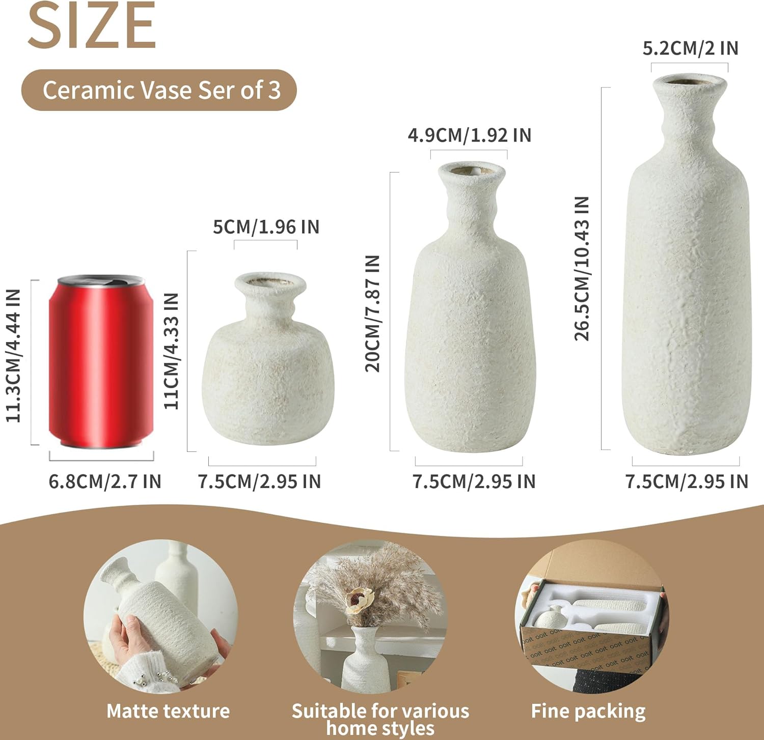 Ceramic Vase Set of 3, Neutral Rustic Vases Home Decor Farmhouse Decorative Vase Whitewashed Pottery Decor Boho Modern for Table Mantel Entryway Bookshelf Living Room Kitchen Bathroom Bedroom - White-VerdiqueGarden