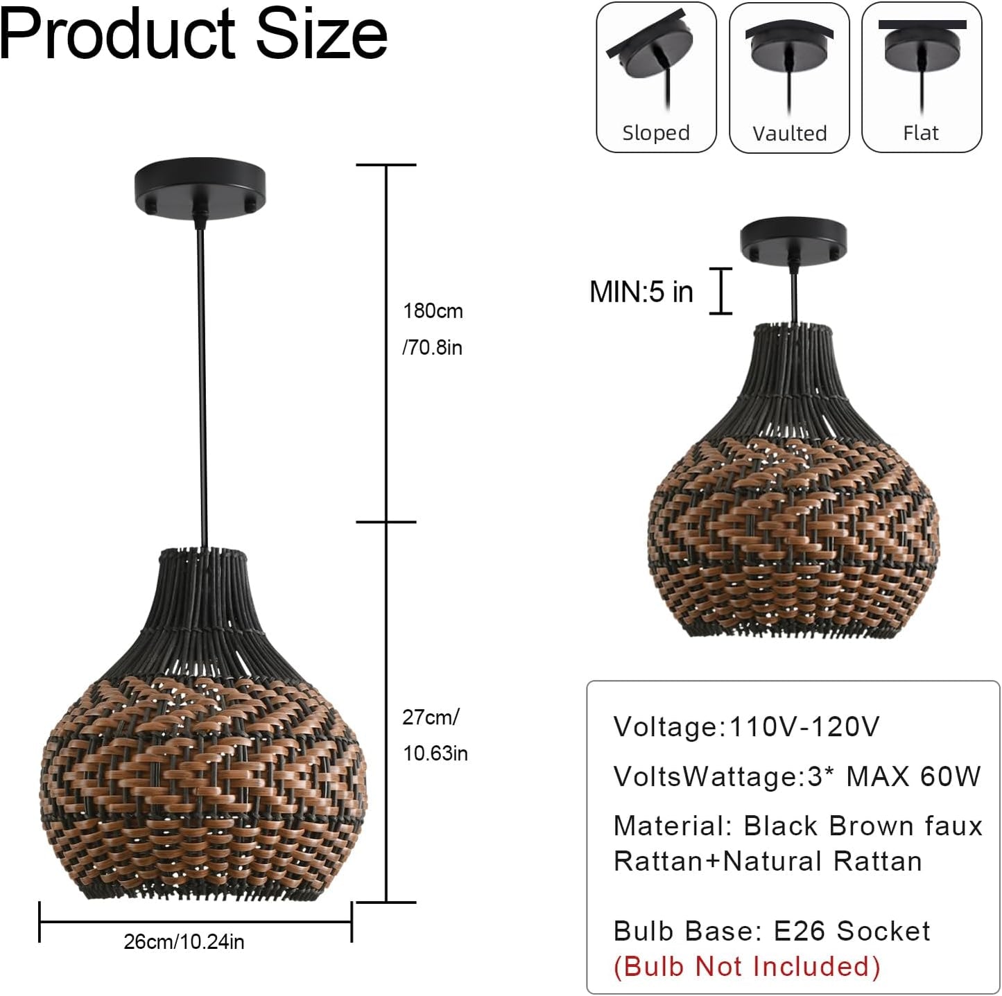 3-Pack Rattan Pendant Light 10.24" Hand-Woven Black Brown Fax Rattan Basket Chandelier Mini Boho Wicker Hanging Lamp for Dining Living Bedroom Kitchen Farmhouse-VerdiqueGarden