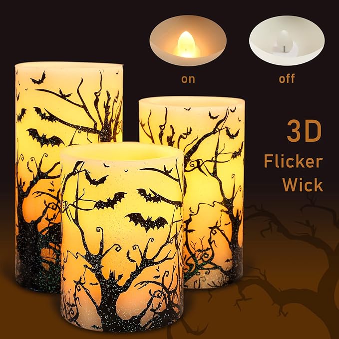 Halloween Decor Flameless Candles Set of 3 Black Spooky Bats Decal Flickering Candles Battery Operated with Remote Real Wax LED Pillar Candles for Halloween Party Horrible Theme Decor-VerdiqueGarden
