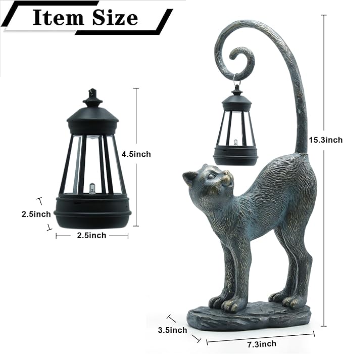 Resin Cat Statue with Solar Lantern, Eye-catching Garden Sculpture Decor，15.3" Height Outdoor Figurine for Garden Yard Patio Decorations，Birthday Gifts-VerdiqueGarden