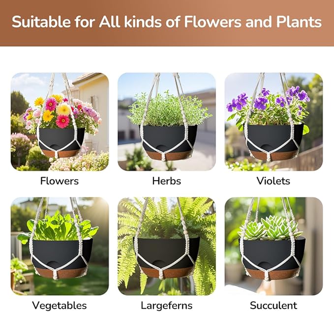 12 Inch Hanging Baskets for Plants Outdoor, Hanging Planters for Indoor Outdoor Plants, Hanging Planter with Self Watering, Hanging Flower Pots (Black Planter with Macrame + Iron Hangers)-VerdiqueGarden